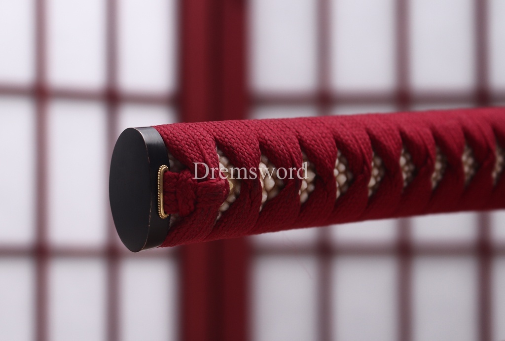 Handmade L6 Steel Clay Tempered Katana Ox Horn Saya Japanese Samurai Sword Shinogi-Zukuri Sword Red