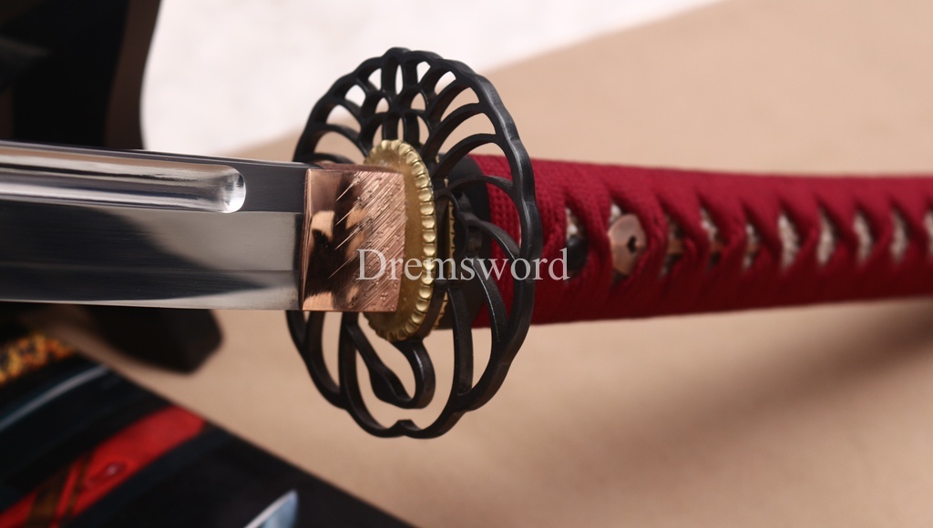 Handmade L6 Steel Clay Tempered Katana Ox Horn Saya Japanese Samurai Sword Shinogi-Zukuri Sword Red