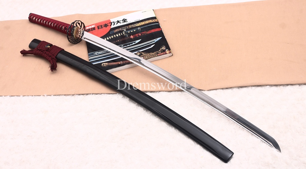 Handmade L6 Steel Clay Tempered Katana Ox Horn Saya Japanese Samurai Sword Shinogi-Zukuri Sword Red