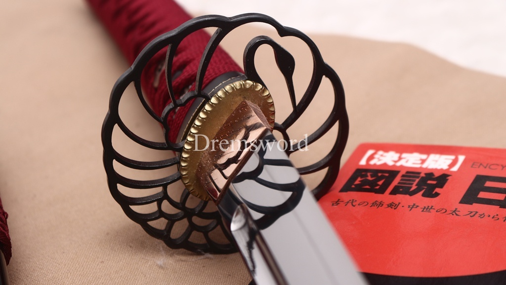 Handmade L6 Steel Clay Tempered Katana Ox Horn Saya Japanese Samurai Sword Shinogi-Zukuri Sword Red