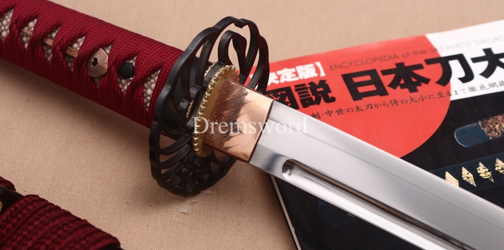Handmade L6 Steel Clay Tempered Katana Ox Horn Saya Japanese Samurai Sword Shinogi-Zukuri Sword Red