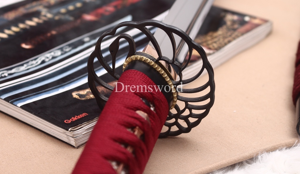 Handmade L6 Steel Clay Tempered Katana Ox Horn Saya Japanese Samurai Sword Shinogi-Zukuri Sword Red