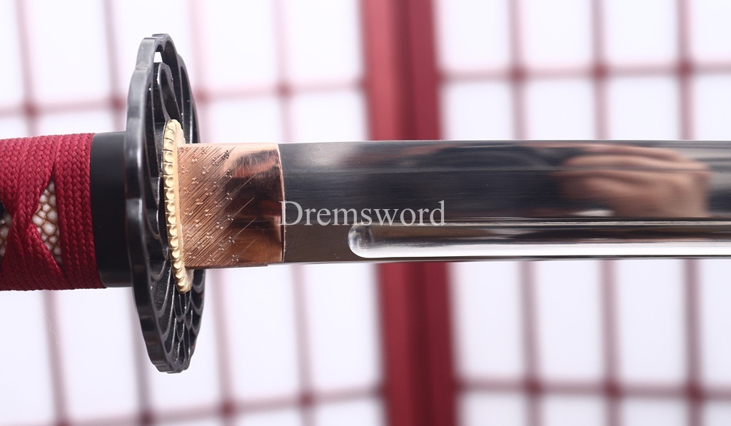 Handmade L6 Steel Clay Tempered Katana Ox Horn Saya Japanese Samurai Sword Shinogi-Zukuri Sword Red