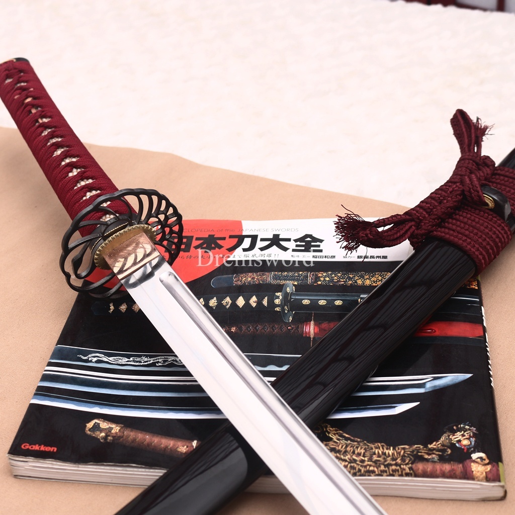 Handmade L6 Steel Clay Tempered Katana Ox Horn Saya Japanese Samurai Sword Shinogi-Zukuri Sword Red