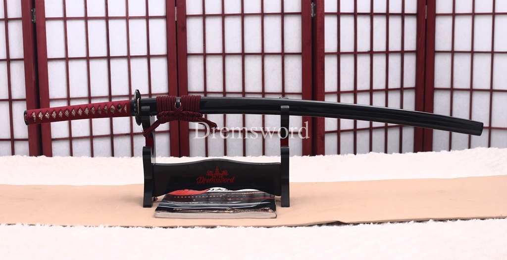 Handmade L6 Steel Clay Tempered Katana Ox Horn Saya Japanese Samurai Sword Shinogi-Zukuri Sword Red