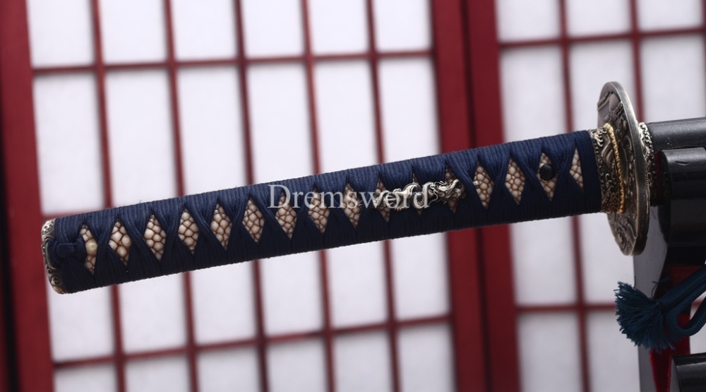 Japanese Silk Ito Handmade L6 Steel Katana Horn Saya Emperor Nodes Rayskin Japanese Samurai Sword Shinogi-Zukuri Sword Black