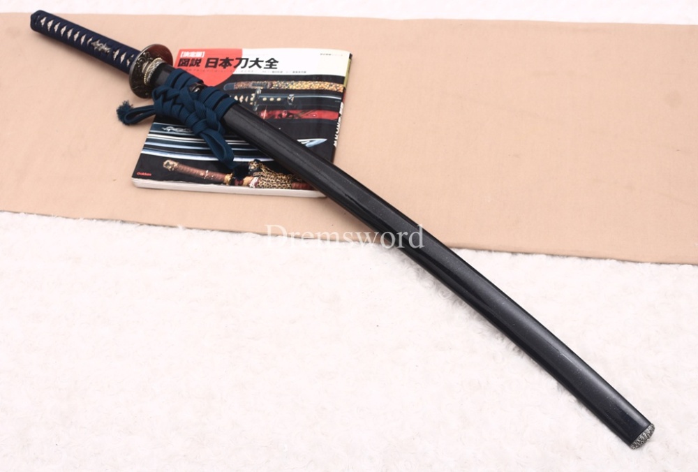 Japanese Silk Ito Handmade L6 Steel Katana Horn Saya Emperor Nodes Rayskin Japanese Samurai Sword Shinogi-Zukuri Sword Black