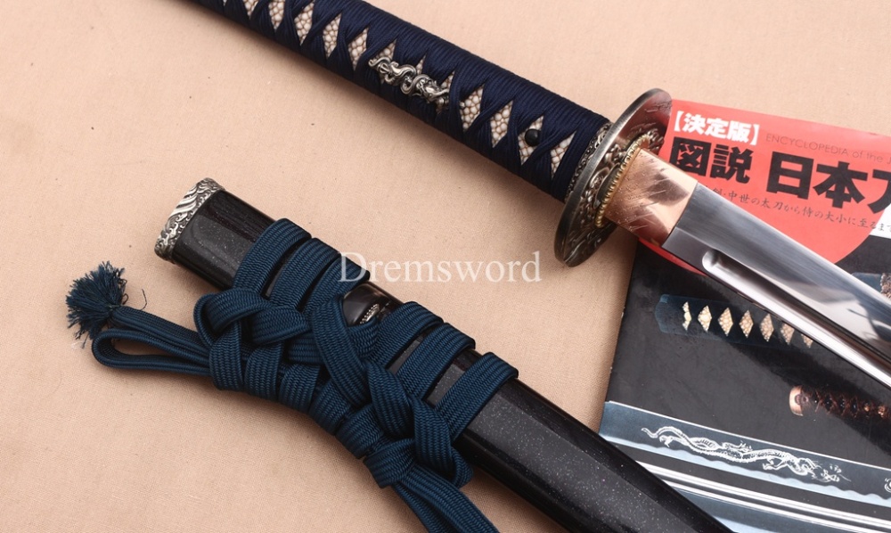 Japanese Silk Ito Handmade L6 Steel Katana Horn Saya Emperor Nodes Rayskin Japanese Samurai Sword Shinogi-Zukuri Sword Black