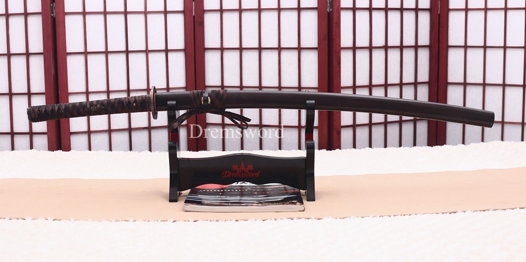 Damascus Folded Steel Clay Tempered Katana Ebony Saya Japanese Samurai Sword for Battle Shinogi-Zukuri Black