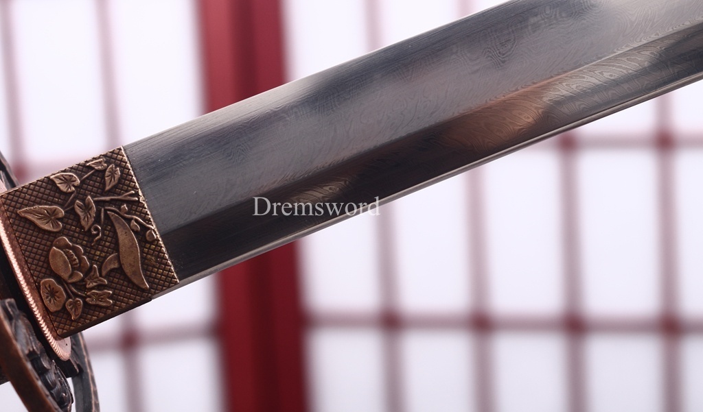 Damascus Folded Steel Clay Tempered Katana Ebony Saya Japanese Samurai Sword for Battle Shinogi-Zukuri Black