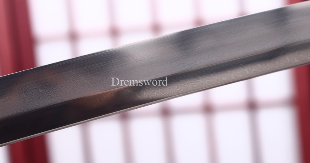 Damascus Folded Steel Clay Tempered Katana Ebony Saya Japanese Samurai Sword for Battle Shinogi-Zukuri Black