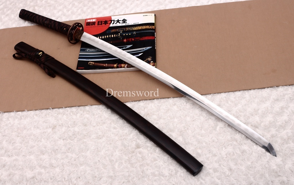 Damascus Folded Steel Clay Tempered Katana Ebony Saya Japanese Samurai Sword for Battle Shinogi-Zukuri Black