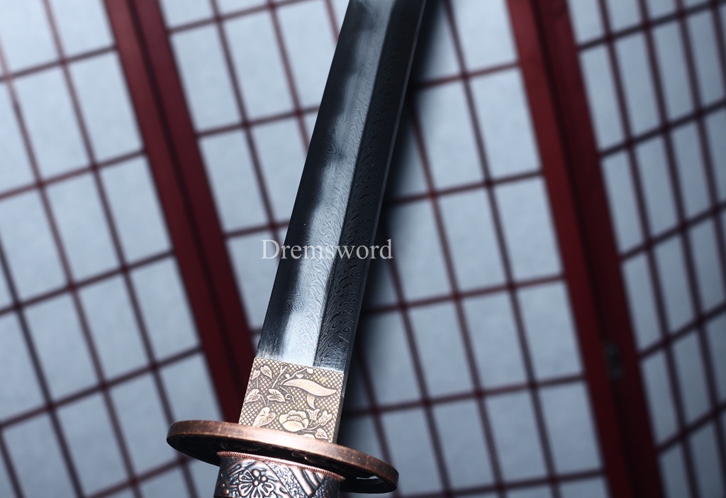 Damascus Folded Steel Clay Tempered Katana Ebony Saya Japanese Samurai Sword for Battle Shinogi-Zukuri Black