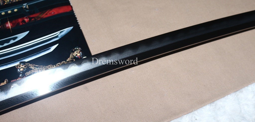 Damascus Folded Steel Clay Tempered Katana Ebony Saya Japanese Samurai Sword for Battle Shinogi-Zukuri Black