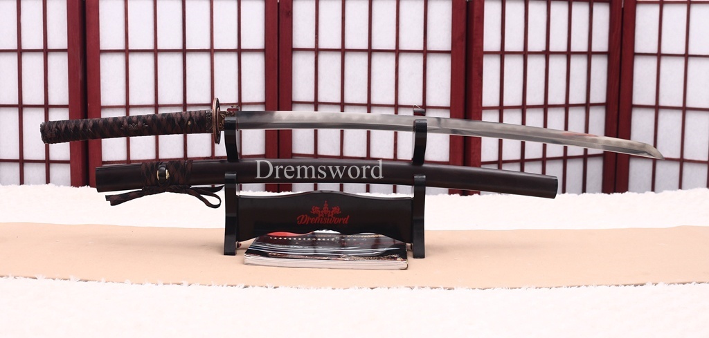 Damascus Folded Steel Clay Tempered Katana Ebony Saya Japanese Samurai Sword for Battle Shinogi-Zukuri Black
