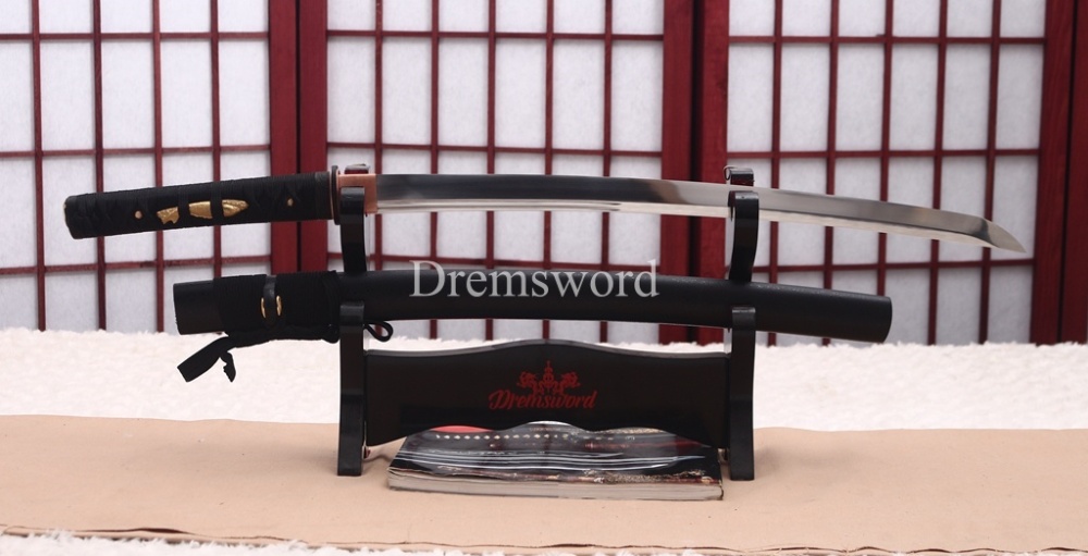Functional 1095 High Carbon Steel Wakizashi Double Bo-hi Japanese Samurai Battle Sword Shinogi ZUKURI Black
