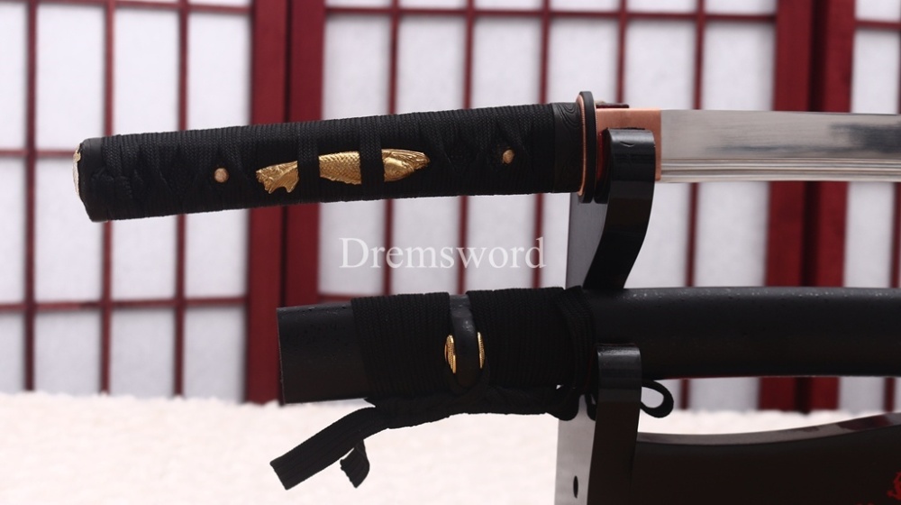 Functional 1095 High Carbon Steel Wakizashi Double Bo-hi Japanese Samurai Battle Sword Shinogi ZUKURI Black
