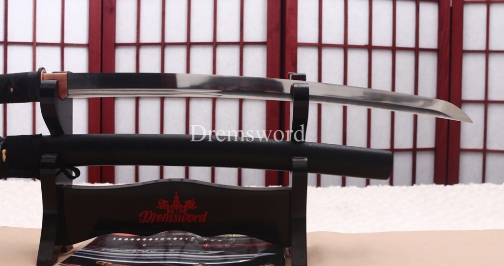 Functional 1095 High Carbon Steel Wakizashi Double Bo-hi Japanese Samurai Battle Sword Shinogi ZUKURI Black