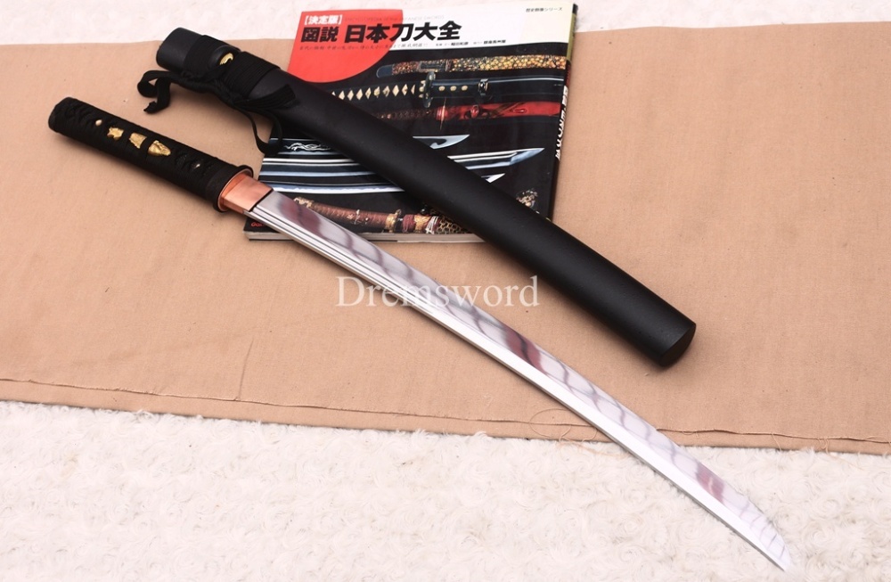 Functional 1095 High Carbon Steel Wakizashi Double Bo-hi Japanese Samurai Battle Sword Shinogi ZUKURI Black