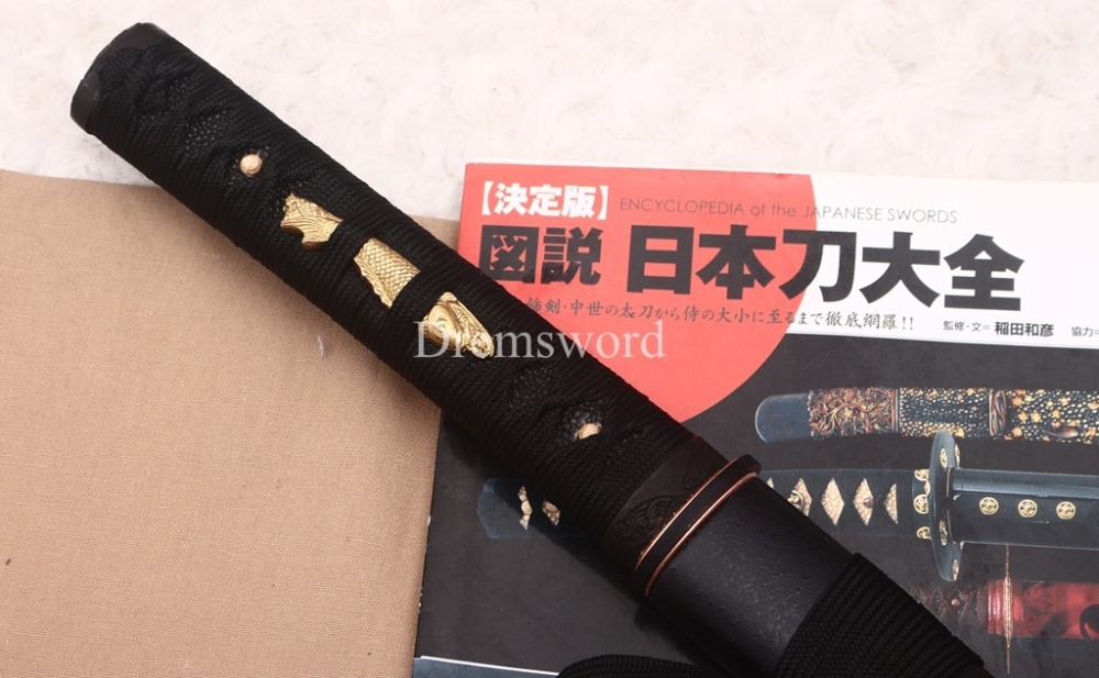 Functional 1095 High Carbon Steel Wakizashi Double Bo-hi Japanese Samurai Battle Sword Shinogi ZUKURI Black