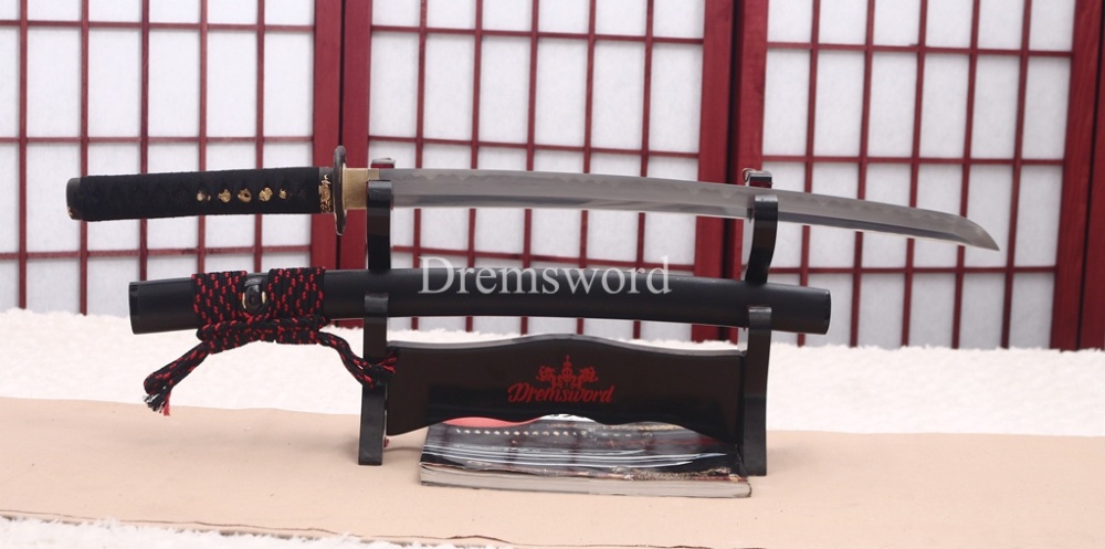 Handmade L6 Steel Clay Tempered Wakizashi Japanese Samurai Sword Shinogi-Zukuri Sword Black