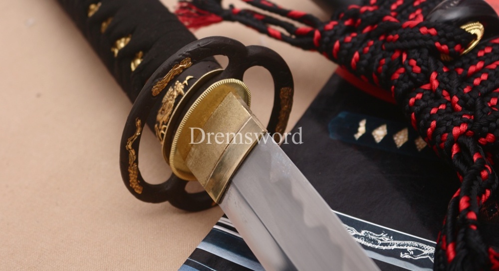 Handmade L6 Steel Clay Tempered Wakizashi Japanese Samurai Sword Shinogi-Zukuri Sword Black