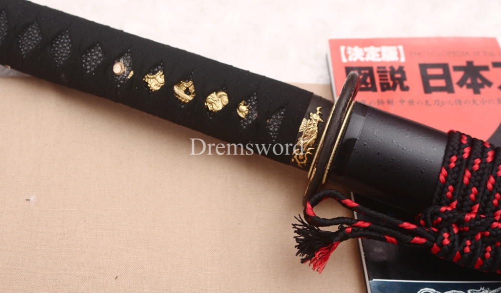 Handmade L6 Steel Clay Tempered Wakizashi Japanese Samurai Sword Shinogi-Zukuri Sword Black