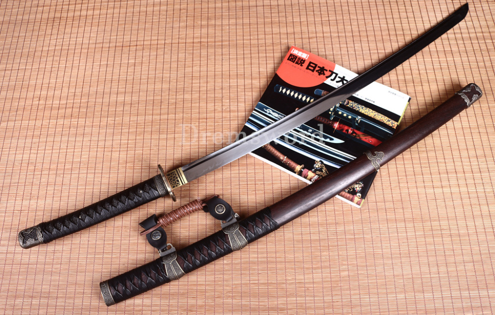 T10 Clay Tempered Tachi Japanese Samurai Katana Sword Real Hamon Rosewood Saya Shinogi Zukuri Full Tang Brown.