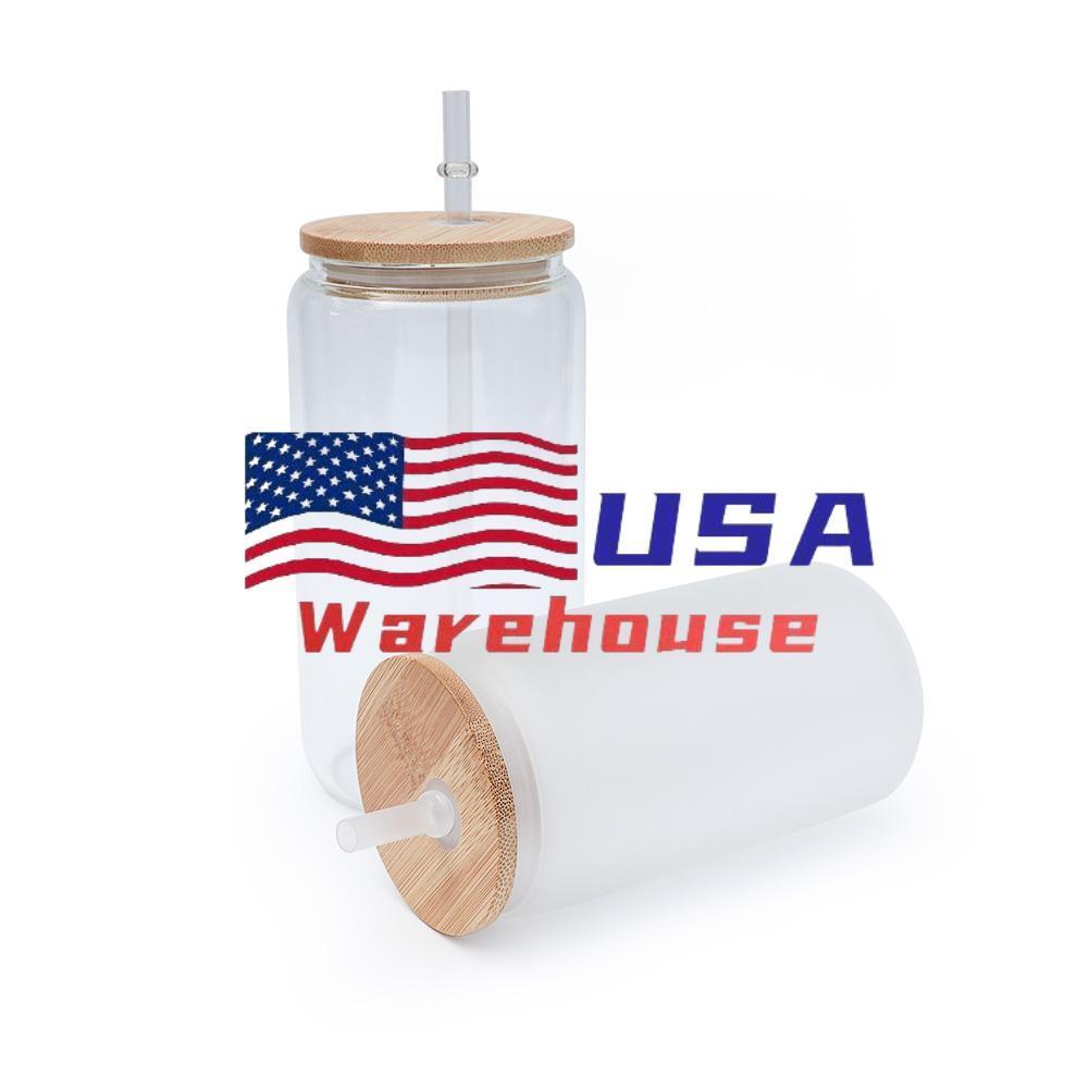 USA Warehouse 16oz Can Shaped Glass Sublimation Frosted Clear Beer Can Water Bottle Glass Jar with Bamboo Lid and Straws