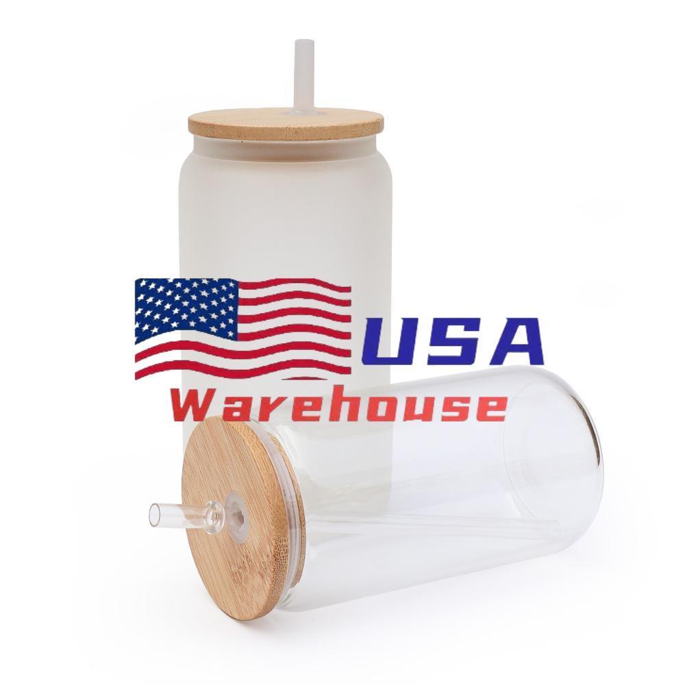 USA Warehouse 16oz Can Shaped Glass Sublimation Frosted Clear Beer Can Water Bottle Glass Jar with Bamboo Lid and Straws