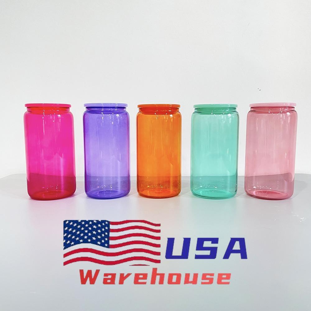 Alwin 16oz USA Warehouse Sublimation Colored Jelly Glass Can with Plastic Lids and Straws