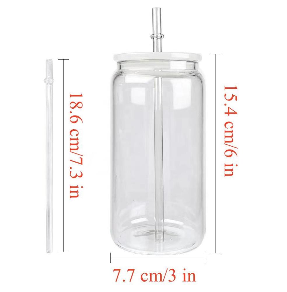 Alwin 16oz Hot Sale Frosted and Clear Sublimation Glass Can Sublimation Beer Can with 5 Colored Plastic Lid and Straws