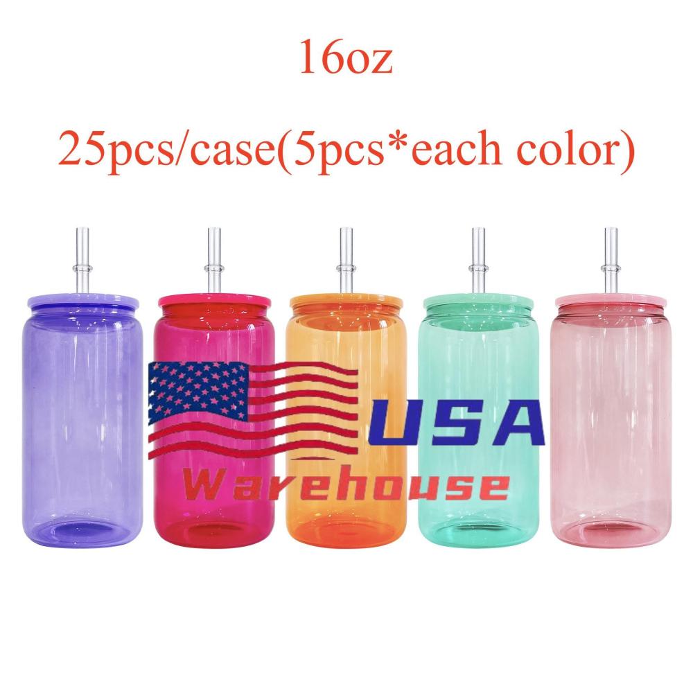 Alwin 16oz USA Warehouse Sublimation Colored Jelly Glass Can with Plastic Lids and Straws