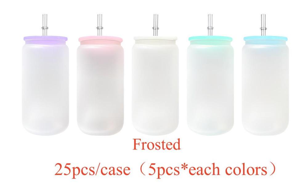 Alwin 16oz Hot Sale Frosted and Clear Sublimation Glass Can Sublimation Beer Can with 5 Colored Plastic Lid and Straws