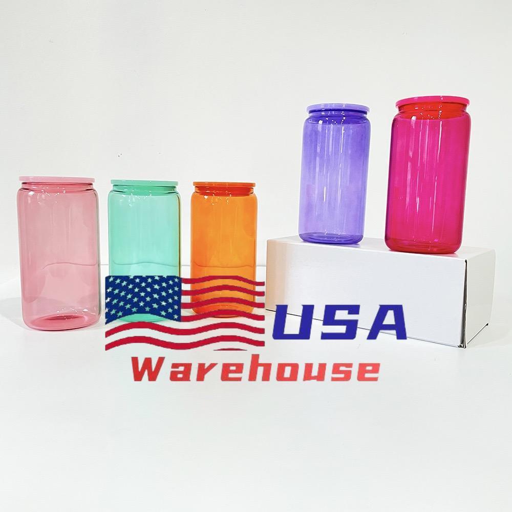 Alwin 16oz USA Warehouse Sublimation Colored Jelly Glass Can with Plastic Lids and Straws