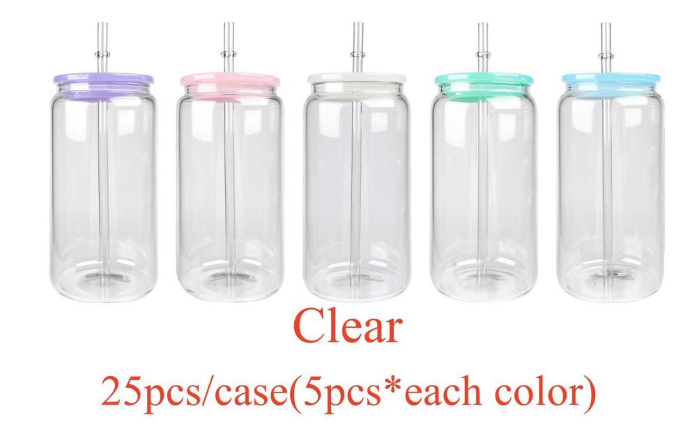 Alwin 16oz Hot Sale Frosted and Clear Sublimation Glass Can Sublimation Beer Can with 5 Colored Plastic Lid and Straws