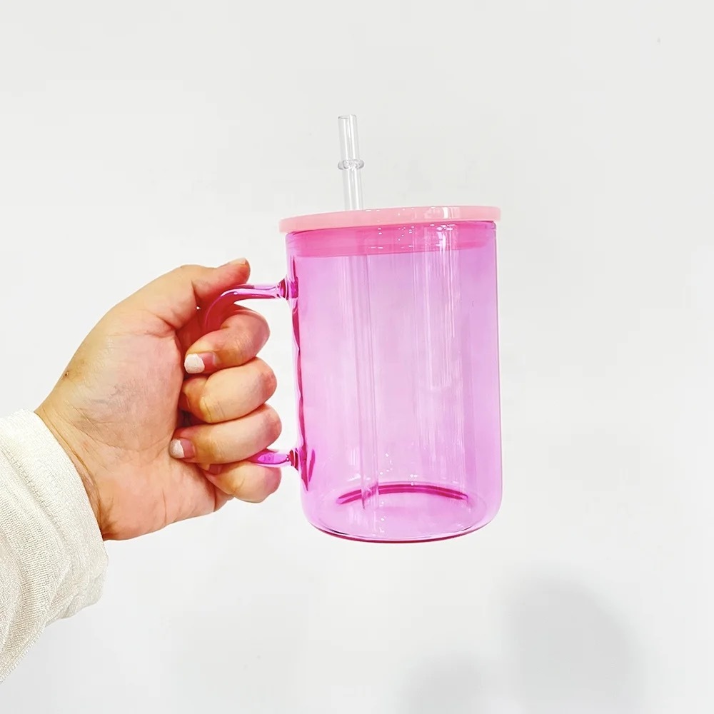 Alwin USA Warehouse 15oz Multi-color Glass with Handle and Straw