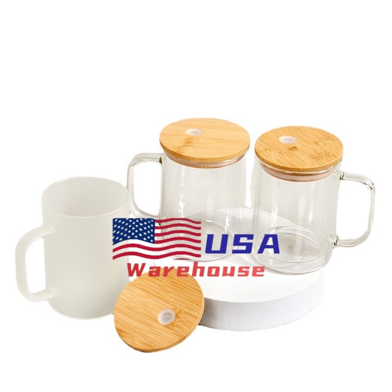 Alwin USA Warehouse RTS 15oz Sublimation Clear Frosted Glass Mug With Handle