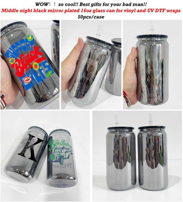 Alwin 16oz glass can for vinyl and uv /dtf wraps man- middle night black mirror plated