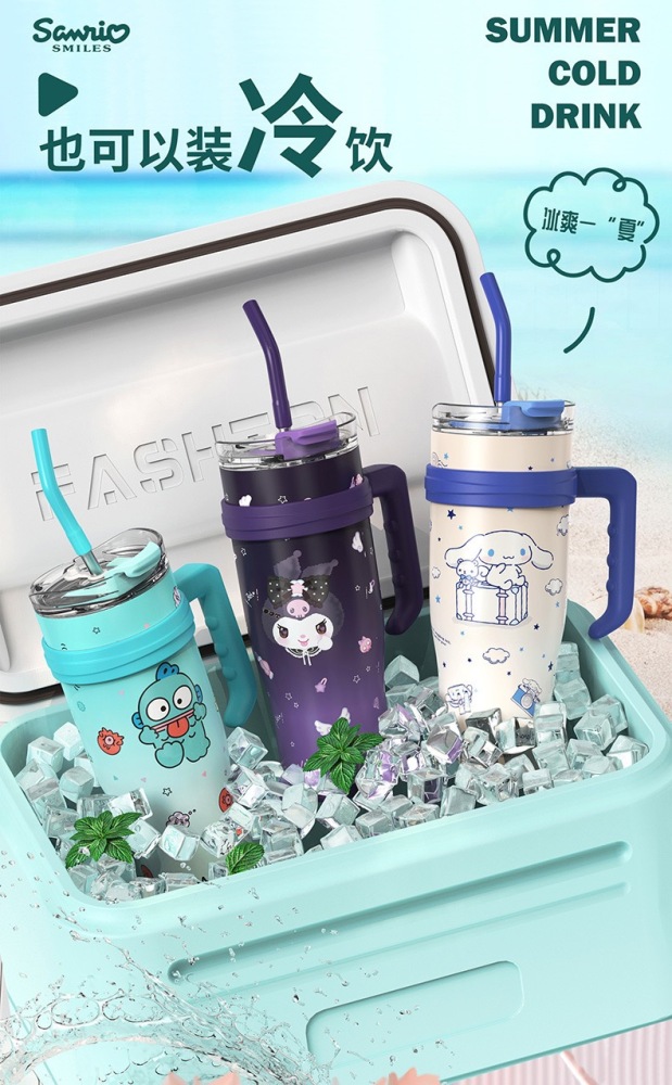 Alwin Sanliou 1200ml large capacity thermal insulation Cup HelloKatie Kulumi high face value children male and female students straw cup stainless steel water Cup China Warehouse