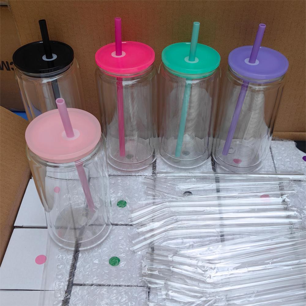 Alwin USA RTS 25PCS 16oz Pre Drilled Hole Clear Double Wall Blank Sublimation Snowglobe Glass Can with Plastic Lids and Rubber Stopper