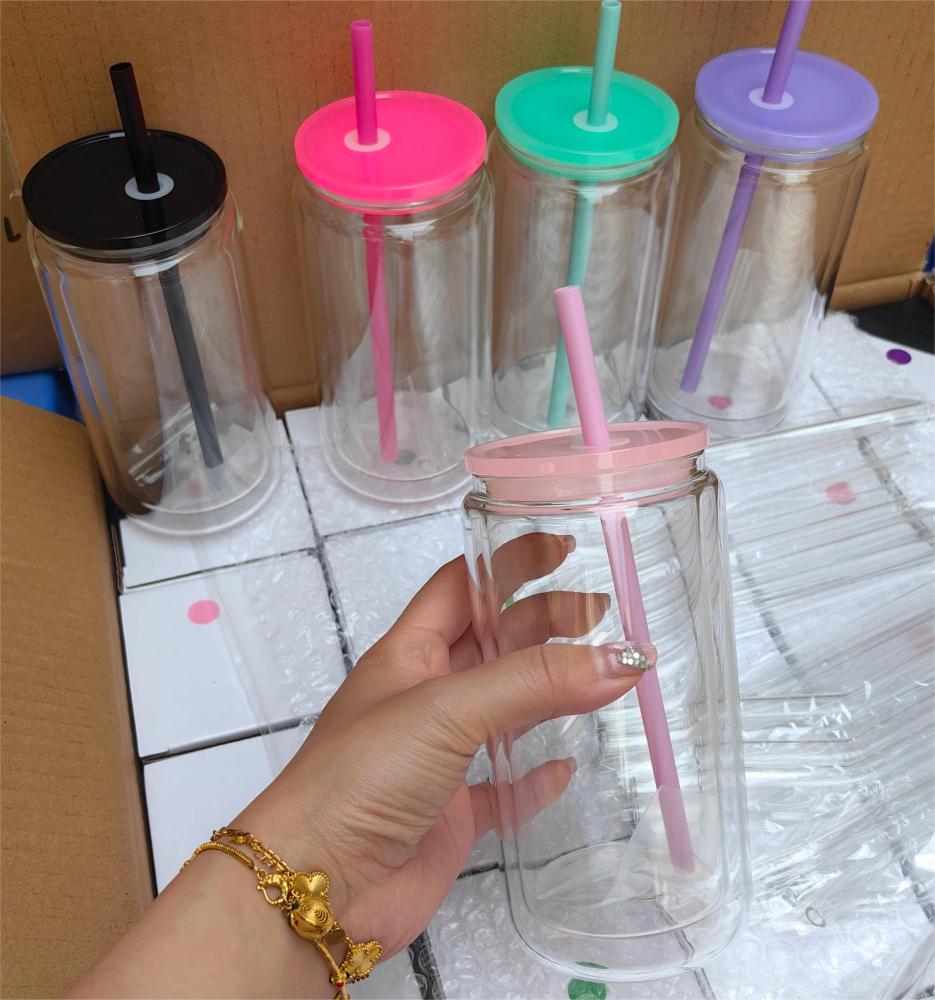 Alwin USA RTS 25PCS 16oz Pre Drilled Hole Clear Double Wall Blank Sublimation Snowglobe Glass Can with Plastic Lids and Rubber Stopper