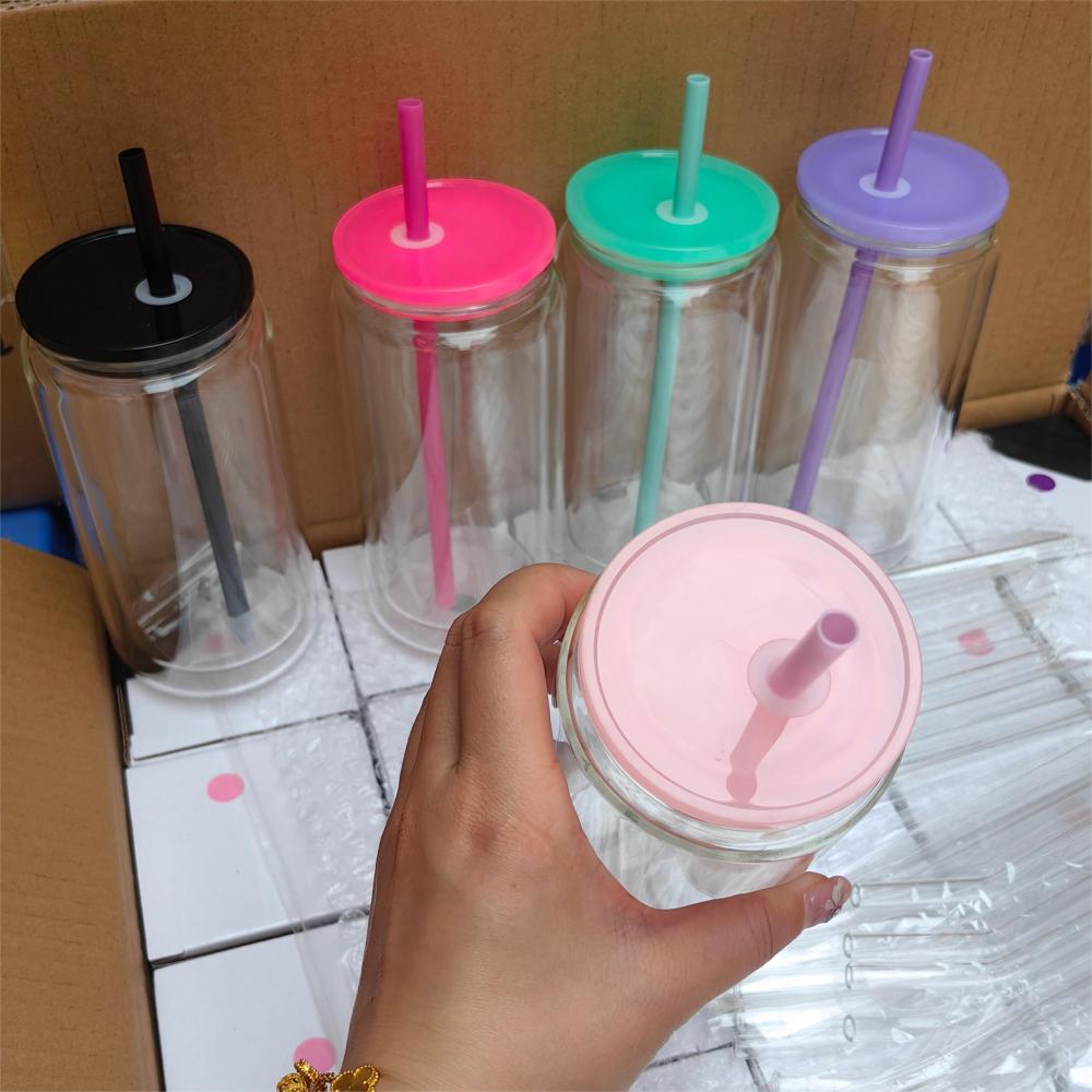 Alwin USA RTS 25PCS 16oz Pre Drilled Hole Clear Double Wall Blank Sublimation Snowglobe Glass Can with Plastic Lids and Rubber Stopper
