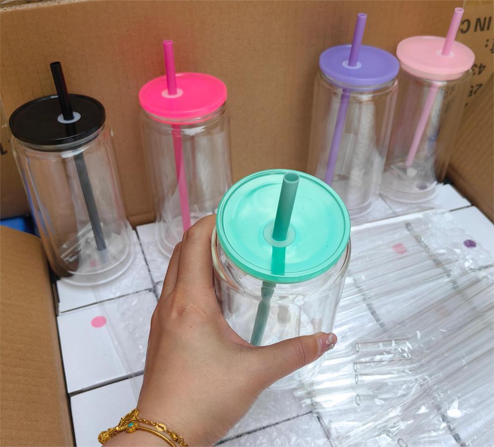 Alwin USA RTS 25PCS 16oz Pre Drilled Hole Clear Double Wall Blank Sublimation Snowglobe Glass Can with Plastic Lids and Rubber Stopper