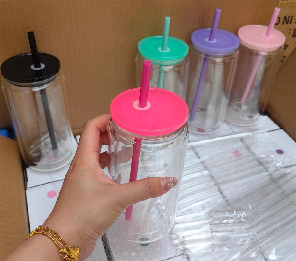Alwin USA RTS 25PCS 16oz Pre Drilled Hole Clear Double Wall Blank Sublimation Snowglobe Glass Can with Plastic Lids and Rubber Stopper