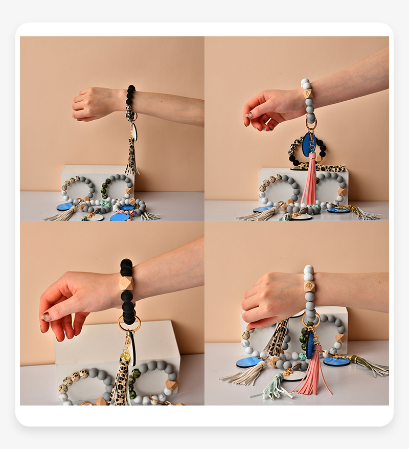 Alwin China RTS Silicone Personalised Key Chain Bracelet Wristlet Key Ring with Leather Tassel