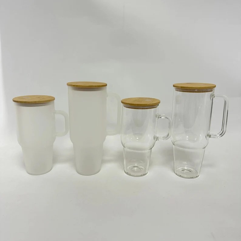 Alwin USA RTS Clear/Frosted 32/40oz Sublimation Mug Glass Tumbler with Handle & Bamboo Lid