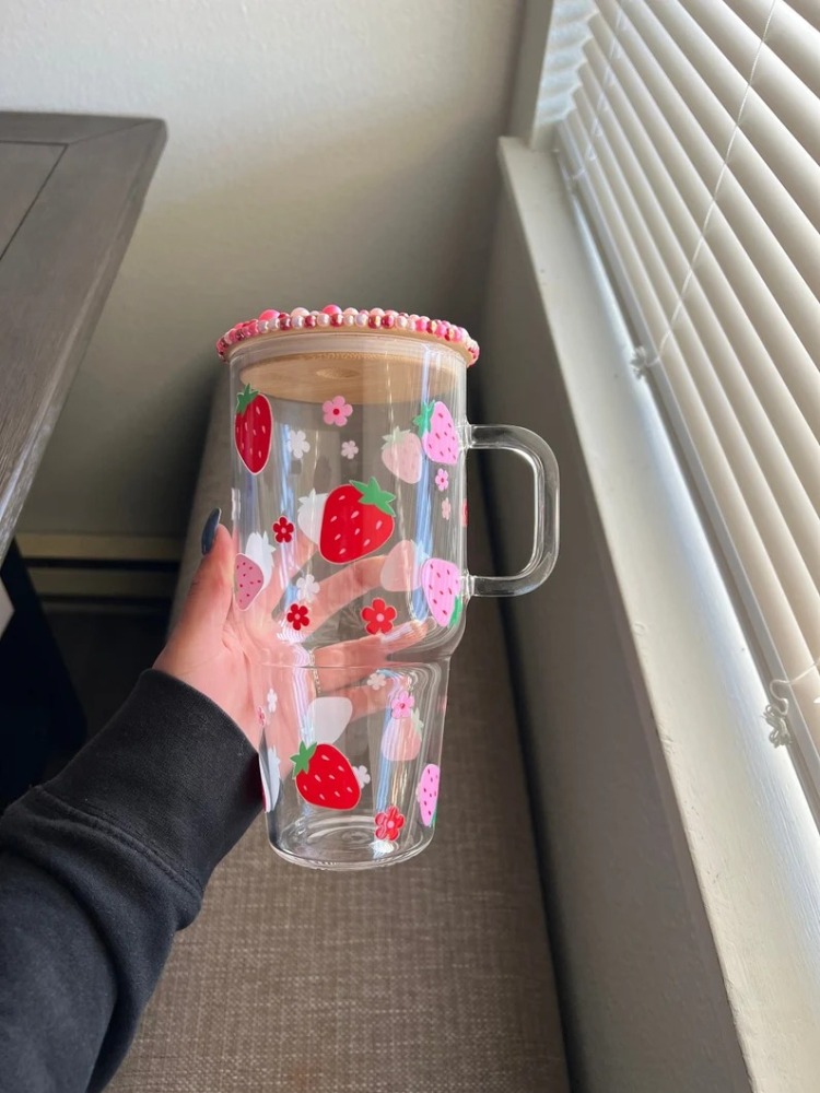 Alwin USA RTS Clear/Frosted 32/40oz Sublimation Mug Glass Tumbler with Handle & Bamboo Lid