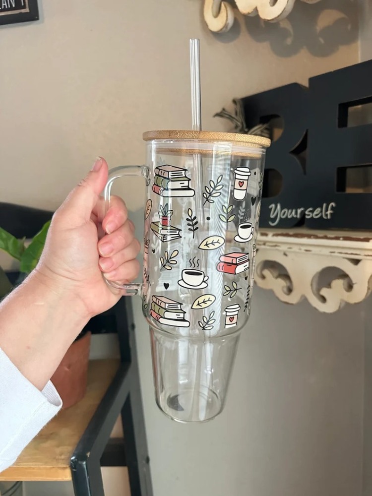 Alwin USA RTS Clear/Frosted 32/40oz Sublimation Mug Glass Tumbler with Handle & Bamboo Lid