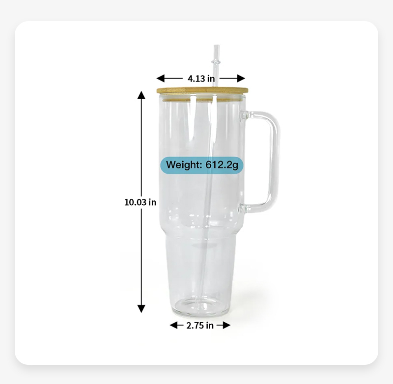 Alwin USA RTS Clear/Frosted 32/40oz Sublimation Mug Glass Tumbler with Handle & Bamboo Lid
